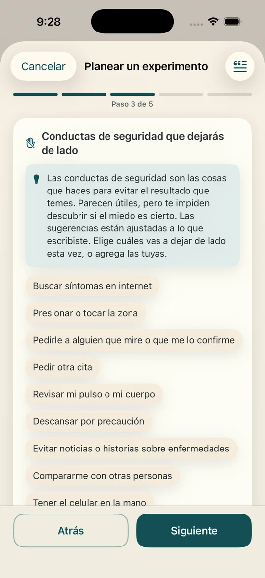 La pantalla de planeación donde eliges, de una lista de sugerencias, las conductas de seguridad que vas a dejar de lado