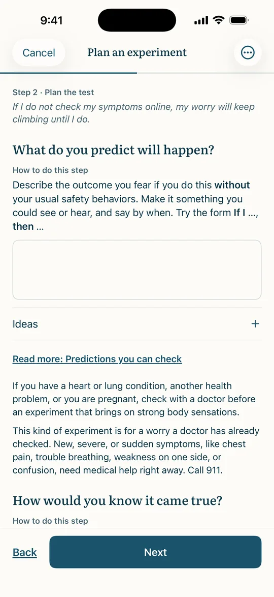 A planning page asking what you predict will happen, with guidance on how to write the prediction and a list of Ideas you can open