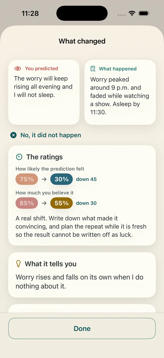 The What changed screen after a review, showing prediction beside outcome and both ratings dropping