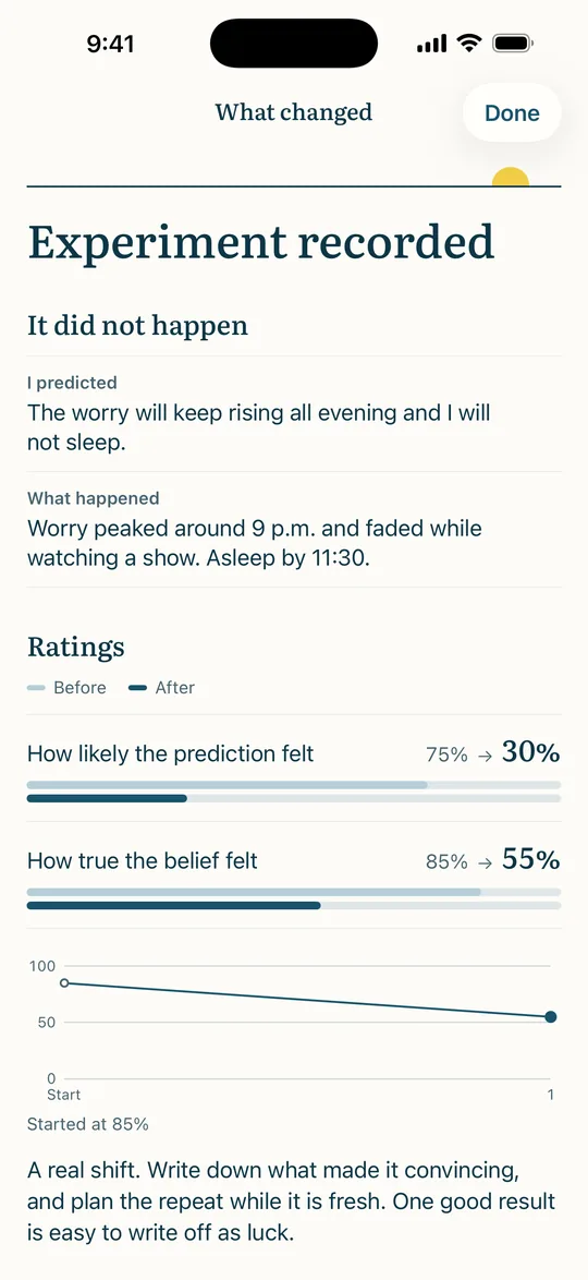 The What changed screen after a review, saying it did not happen, with the prediction beside what happened and both ratings dropping